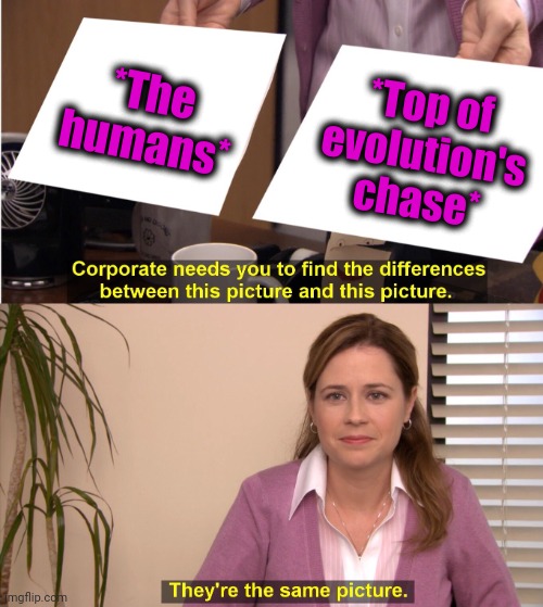 -Simply remembering. | *The humans*; *Top of evolution's chase* | image tagged in memes,they're the same picture,humans,human evolution,darwin award,conspiracy theory | made w/ Imgflip meme maker