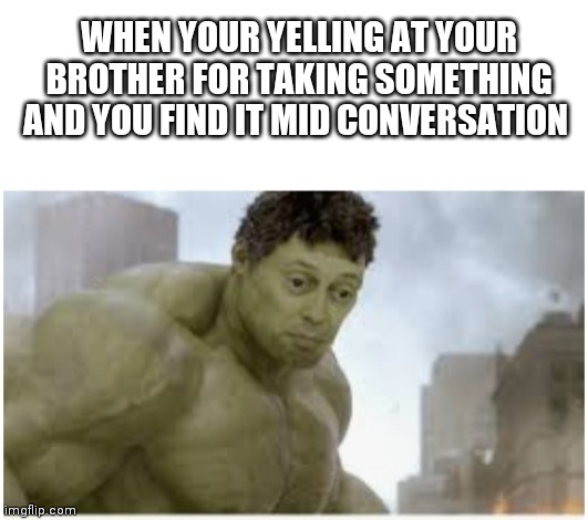 Ree | WHEN YOUR YELLING AT YOUR BROTHER FOR TAKING SOMETHING AND YOU FIND IT MID CONVERSATION | image tagged in hulk,siblings | made w/ Imgflip meme maker