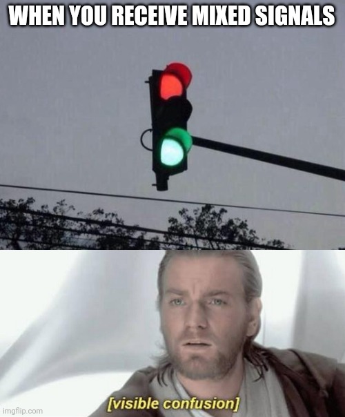 Mixed signals |  WHEN YOU RECEIVE MIXED SIGNALS | image tagged in visible confusion,traffic light,confusing,signal,funny road signs | made w/ Imgflip meme maker