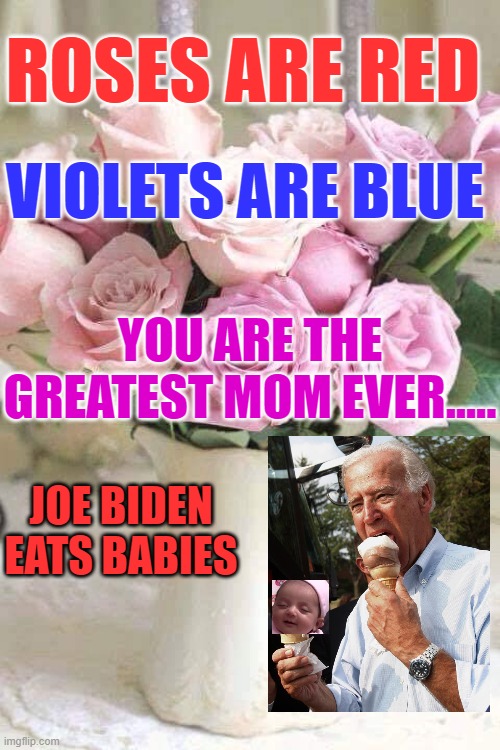 mothers day | ROSES ARE RED; VIOLETS ARE BLUE; YOU ARE THE GREATEST MOM EVER..... JOE BIDEN EATS BABIES | image tagged in mother's day | made w/ Imgflip meme maker