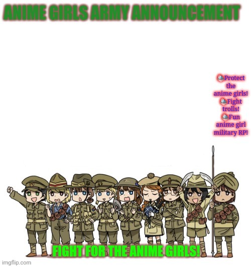 New Anime_Girls_Army announcement template | image tagged in aga announcement template,anime girl,announcement,template | made w/ Imgflip meme maker