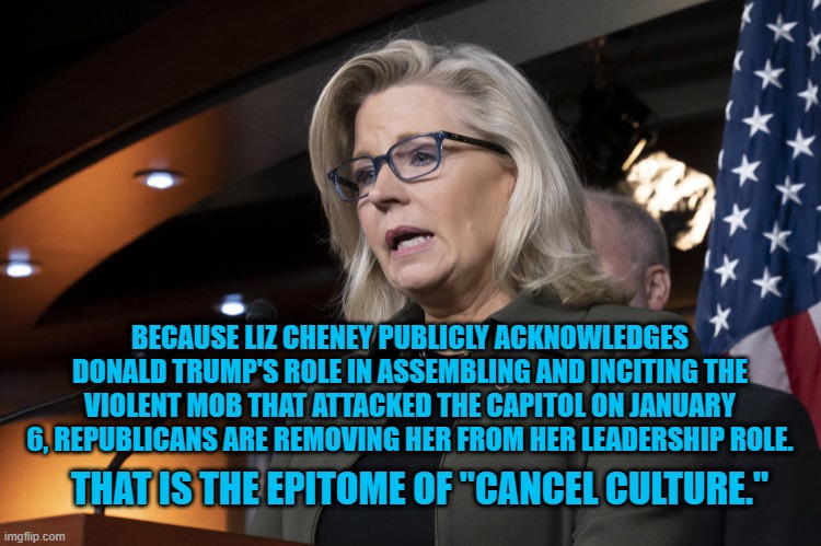 The Truth Is Now The Enemy Of The GOP. | BECAUSE LIZ CHENEY PUBLICLY ACKNOWLEDGES DONALD TRUMP'S ROLE IN ASSEMBLING AND INCITING THE VIOLENT MOB THAT ATTACKED THE CAPITOL ON JANUARY 6, REPUBLICANS ARE REMOVING HER FROM HER LEADERSHIP ROLE. THAT IS THE EPITOME OF "CANCEL CULTURE." | image tagged in politics | made w/ Imgflip meme maker