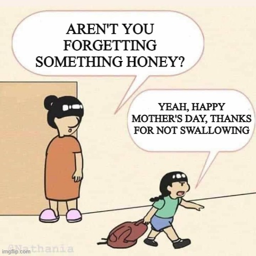 Happy to Be Here | AREN'T YOU FORGETTING SOMETHING HONEY? YEAH, HAPPY MOTHER'S DAY, THANKS FOR NOT SWALLOWING | image tagged in mother and son | made w/ Imgflip meme maker