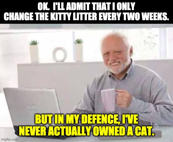 Kitty litter | OK.  I'LL ADMIT THAT I ONLY CHANGE THE KITTY LITTER EVERY TWO WEEKS. BUT IN MY DEFENCE, I'VE NEVER ACTUALLY OWNED A CAT. | image tagged in harold | made w/ Imgflip meme maker