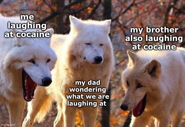 relatable | me laughing at cocaine; my brother also laughing at cocaine; my dad wondering what we are laughing at | image tagged in laughing wolf,memes,funny,not really a gif,cocaine | made w/ Imgflip meme maker