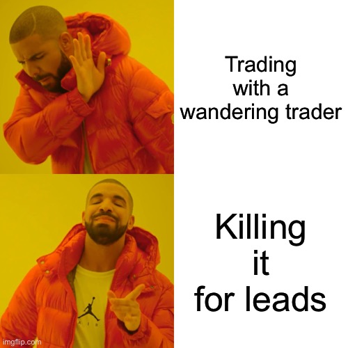 Drake Hotline Bling | Trading with a wandering trader; Killing it for leads | image tagged in memes,drake hotline bling | made w/ Imgflip meme maker