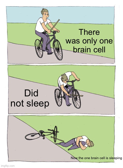 Bike Fall Meme | There was only one brain cell; Did not sleep; Now the one brain cell is sleeping | image tagged in memes,bike fall | made w/ Imgflip meme maker