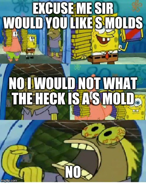 Chocolate Spongebob Meme | EXCUSE ME SIR WOULD YOU LIKE S MOLDS; NO I WOULD NOT WHAT THE HECK IS A S MOLD; NO | image tagged in memes,chocolate spongebob | made w/ Imgflip meme maker