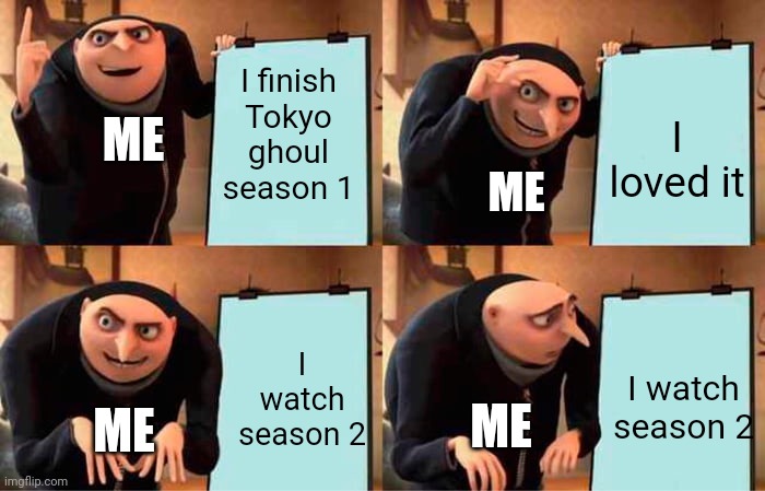 Gru's Plan Meme | I finish Tokyo ghoul season 1; I loved it; ME; ME; I watch season 2; I watch season 2; ME; ME | image tagged in memes,gru's plan | made w/ Imgflip meme maker