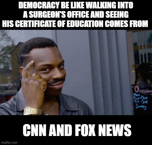 Clickbait Voters |  DEMOCRACY BE LIKE WALKING INTO A SURGEON'S OFFICE AND SEEING HIS CERTIFICATE OF EDUCATION COMES FROM; CNN AND FOX NEWS | image tagged in memes,roll safe think about it,democracy,voters | made w/ Imgflip meme maker