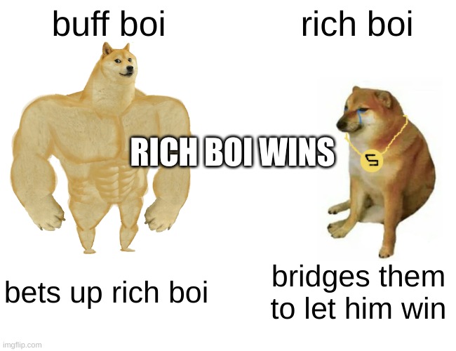 buff boi and rich boi | buff boi; rich boi; RICH BOI WINS; bets up rich boi; bridges them to let him win | image tagged in memes,buff doge vs cheems | made w/ Imgflip meme maker