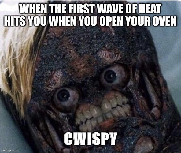 Cwispy | WHEN THE FIRST WAVE OF HEAT HITS YOU WHEN YOU OPEN YOUR OVEN; CWISPY | image tagged in crisp | made w/ Imgflip meme maker