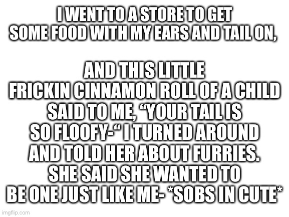 I’m still on this- | AND THIS LITTLE FRICKIN CINNAMON ROLL OF A CHILD SAID TO ME, “YOUR TAIL IS SO FLOOFY-“ I TURNED AROUND AND TOLD HER ABOUT FURRIES. SHE SAID SHE WANTED TO BE ONE JUST LIKE ME- *SOBS IN CUTE*; I WENT TO A STORE TO GET SOME FOOD WITH MY EARS AND TAIL ON, | image tagged in blank white template,furries | made w/ Imgflip meme maker