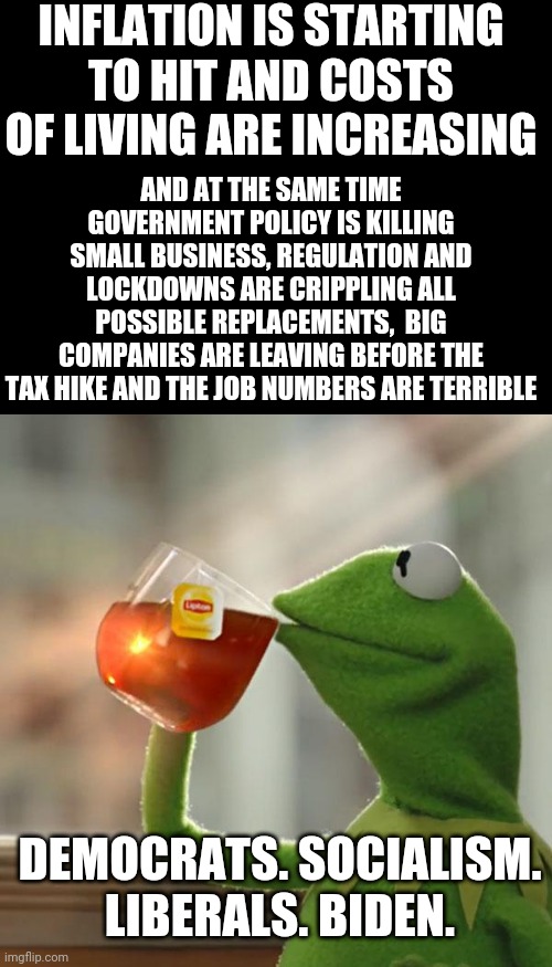 But That's None Of My Business | INFLATION IS STARTING TO HIT AND COSTS OF LIVING ARE INCREASING; AND AT THE SAME TIME GOVERNMENT POLICY IS KILLING SMALL BUSINESS, REGULATION AND LOCKDOWNS ARE CRIPPLING ALL POSSIBLE REPLACEMENTS,  BIG COMPANIES ARE LEAVING BEFORE THE TAX HIKE AND THE JOB NUMBERS ARE TERRIBLE; DEMOCRATS. SOCIALISM. LIBERALS. BIDEN. | image tagged in memes,but that's none of my business,kermit the frog | made w/ Imgflip meme maker