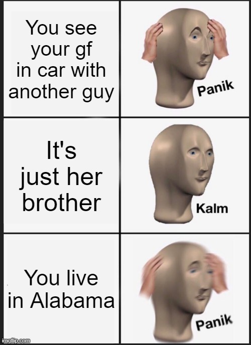 Panik Kalm Panik Meme | You see your gf in car with another guy; It's just her brother; You live in Alabama | image tagged in memes,panik kalm panik | made w/ Imgflip meme maker