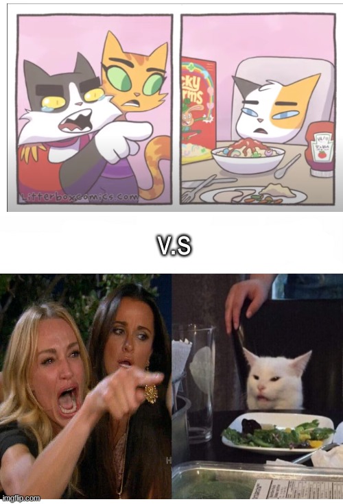 credit to litterboxcomics.com for the image | v.s | image tagged in woman yelling at cat,woman yelling at a cat,woman yelling at smudge the cat,woman screaming at cat,woman yelling at white cat | made w/ Imgflip meme maker