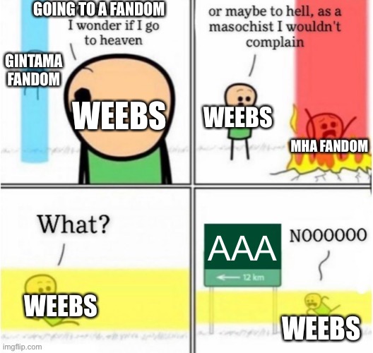 Guy goes to (insert text here) | GOING TO A FANDOM; GINTAMA FANDOM; WEEBS; WEEBS; MHA FANDOM; AAA; WEEBS; WEEBS | image tagged in guy goes to insert text here | made w/ Imgflip meme maker