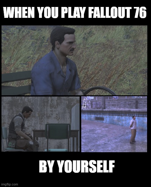 Playing Fallout 76 alone | WHEN YOU PLAY FALLOUT 76; BY YOURSELF | image tagged in fallout 76,lonely,sad pablo escobar | made w/ Imgflip meme maker