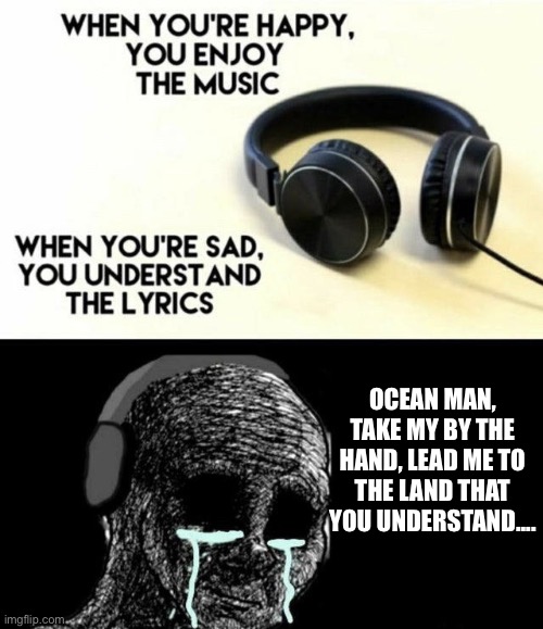When you’re happy you enjoy the music | OCEAN MAN, TAKE MY BY THE HAND, LEAD ME TO THE LAND THAT YOU UNDERSTAND.... | image tagged in when you re happy you enjoy the music,never gonna give you up,never gonna let you down,never gonna run around,and desert you | made w/ Imgflip meme maker