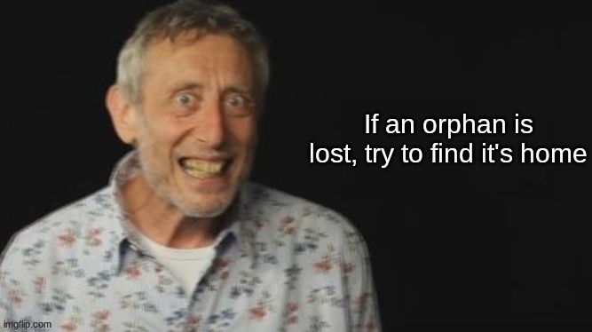 Fun fact with Michael Rosen | If an orphan is lost, try to find it's home | image tagged in micheal rosen no context | made w/ Imgflip meme maker