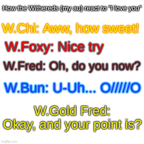 Their reaction to "I love u" | How the Withereds (my au) react to "I love you"; W.Chi: Aww, how sweet! W.Foxy: Nice try; W.Fred: Oh, do you now? W.Bun: U-Uh... O/////O; W.Gold Fred: Okay, and your point is? | image tagged in memes,blank transparent square | made w/ Imgflip meme maker