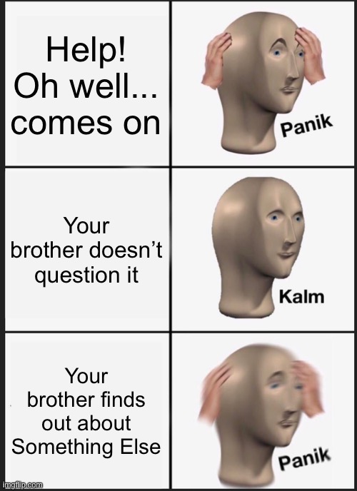 This happened | Help! Oh well... comes on; Your brother doesn’t question it; Your brother finds out about Something Else | image tagged in memes,panik kalm panik,somethingelseyt | made w/ Imgflip meme maker