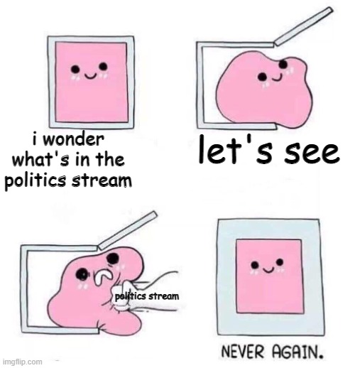 Seriously. | i wonder what's in the politics stream; let's see; politics stream | image tagged in never again,politics,what can i say except aaaaaaaaaaa | made w/ Imgflip meme maker