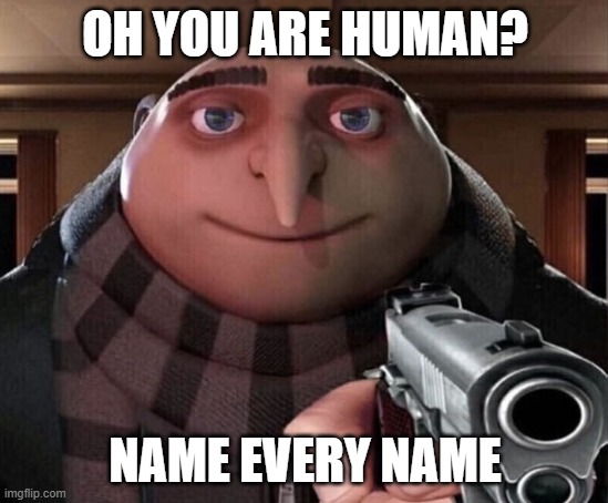 Gru Gun | OH YOU ARE HUMAN? NAME EVERY NAME | image tagged in gru gun,do it | made w/ Imgflip meme maker