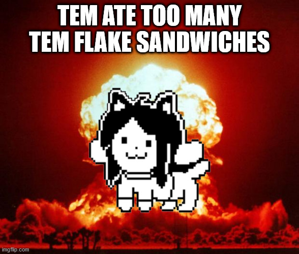 my friend made me make this meme | TEM ATE TOO MANY TEM FLAKE SANDWICHES | image tagged in nuke,temmie | made w/ Imgflip meme maker