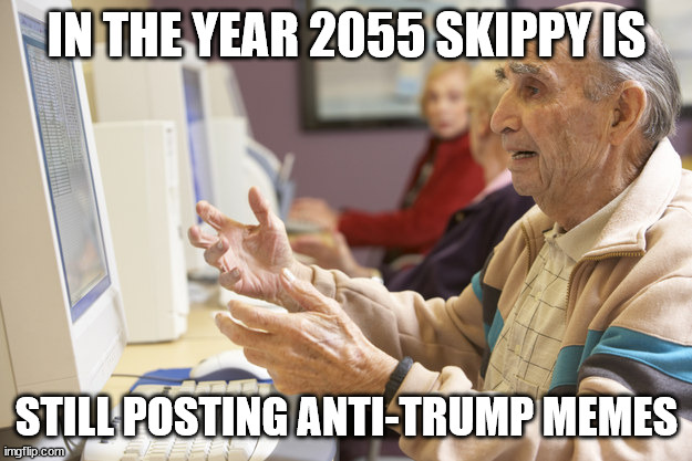 Soy Boy Skippy still has TDS | IN THE YEAR 2055 SKIPPY IS; STILL POSTING ANTI-TRUMP MEMES | image tagged in old man computer confused | made w/ Imgflip meme maker