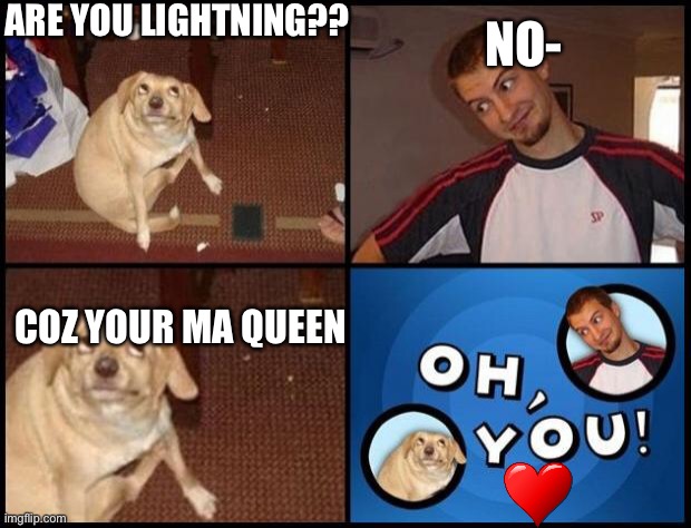 Doggo luv hooman | ARE YOU LIGHTNING?? NO-; COZ YOUR MA QUEEN | image tagged in oh you | made w/ Imgflip meme maker