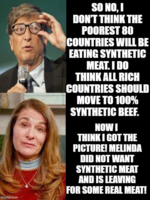 I think I understand the Micro Soft now. Melinda wants real meat! | SO NO, I DON’T THINK THE POOREST 80 COUNTRIES WILL BE EATING SYNTHETIC MEAT. I DO THINK ALL RICH COUNTRIES SHOULD MOVE TO 100% SYNTHETIC BEEF. NOW I  THINK I GOT THE PICTURE! MELINDA DID NOT WANT SYNTHETIC MEAT AND IS LEAVING FOR SOME REAL MEAT! | image tagged in bill gates,stupid liberals,microsoft | made w/ Imgflip meme maker