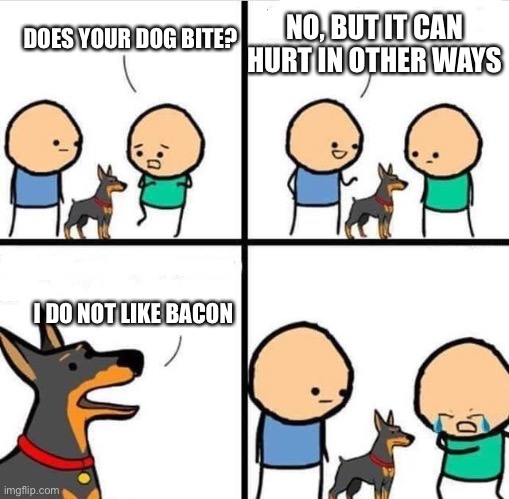 *crys* WHY DOGGO WHY! | NO, BUT IT CAN HURT IN OTHER WAYS; DOES YOUR DOG BITE? I DO NOT LIKE BACON | image tagged in dog hurt comic | made w/ Imgflip meme maker