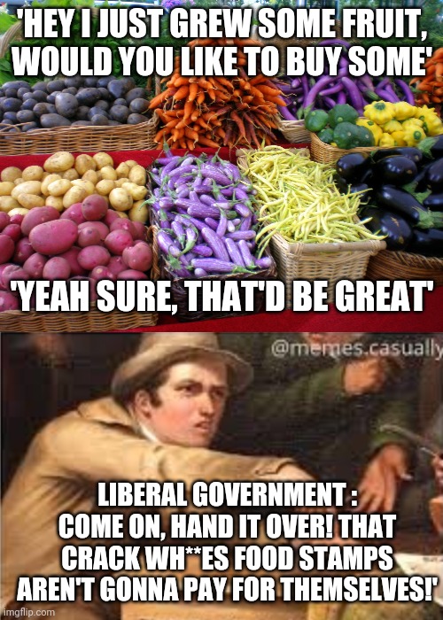 'HEY I JUST GREW SOME FRUIT, WOULD YOU LIKE TO BUY SOME'; 'YEAH SURE, THAT'D BE GREAT'; LIBERAL GOVERNMENT : COME ON, HAND IT OVER! THAT CRACK WH**ES FOOD STAMPS AREN'T GONNA PAY FOR THEMSELVES!' | image tagged in farmers' market colors,give it to me | made w/ Imgflip meme maker