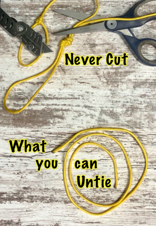 Like not burning bridges | Never Cut; What; you; can; Untie | image tagged in undo,or ruin it | made w/ Imgflip meme maker