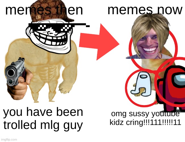 meme then vs memes now | memes then; memes now; you have been trolled mlg guy; omg sussy youtube kidz cring!!!111!!!!!11 | image tagged in memes,buff doge vs cheems | made w/ Imgflip meme maker