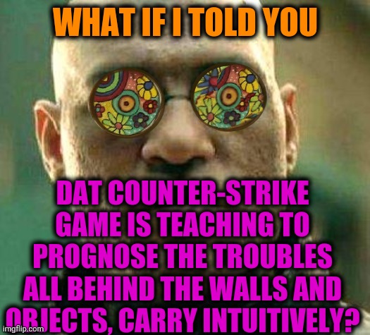 -Been defused. | WHAT IF I TOLD YOU; DAT COUNTER-STRIKE GAME IS TEACHING TO PROGNOSE THE TROUBLES ALL BEHIND THE WALLS AND OBJECTS, CARRY INTUITIVELY? | image tagged in acid kicks in morpheus,counter strike,school shooter,behind the meme,terrorism,military humor | made w/ Imgflip meme maker