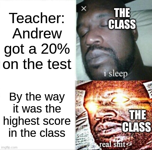 Sleeping Shaq Meme | THE CLASS; Teacher: Andrew got a 20% on the test; By the way it was the highest score in the class; THE CLASS | image tagged in memes,sleeping shaq | made w/ Imgflip meme maker