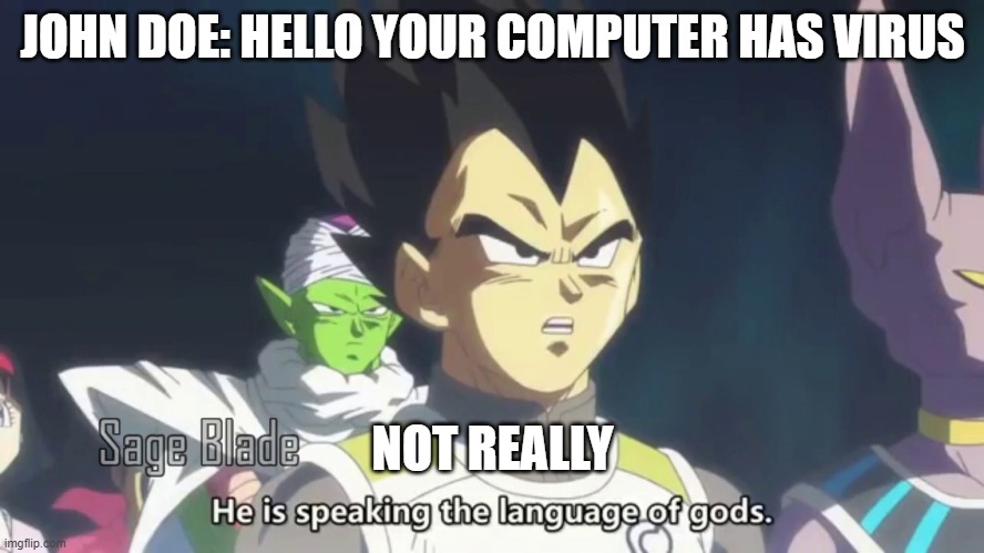 he is speaking the language of the gods | JOHN DOE: HELLO YOUR COMPUTER HAS VIRUS; NOT REALLY | image tagged in he is speaking the language of the gods | made w/ Imgflip meme maker