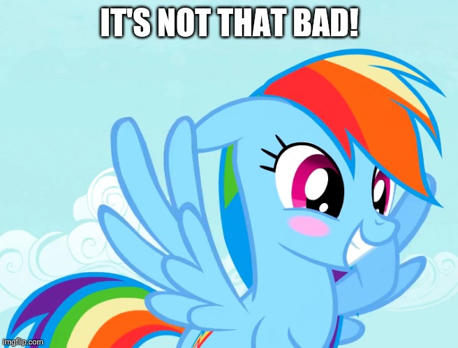 Amusy Blushed Rainbow Dash (MLP) | IT'S NOT THAT BAD! | image tagged in amusy blushed rainbow dash mlp | made w/ Imgflip meme maker