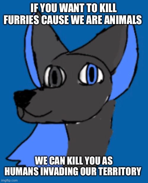 If you hate on furries, you need to get some help | IF YOU WANT TO KILL FURRIES CAUSE WE ARE ANIMALS; WE CAN KILL YOU AS HUMANS INVADING OUR TERRITORY | image tagged in furries | made w/ Imgflip meme maker