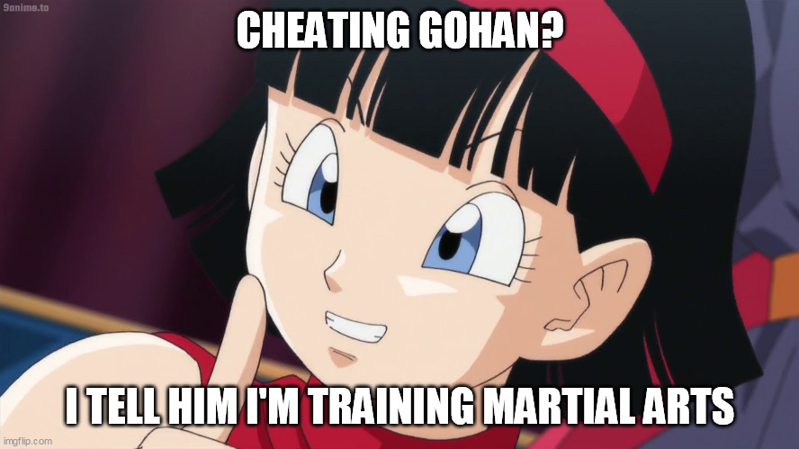 Videl | CHEATING GOHAN? I TELL HIM I'M TRAINING MARTIAL ARTS | image tagged in videl | made w/ Imgflip meme maker