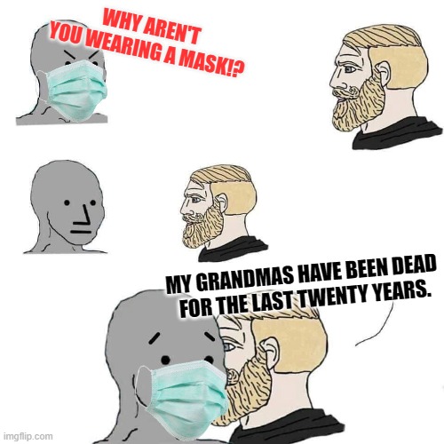 Must Be Nice To Have A Grandma... | WHY AREN'T YOU WEARING A MASK!? MY GRANDMAS HAVE BEEN DEAD 
FOR THE LAST TWENTY YEARS. | image tagged in the npc fears the alpha man,mask meme,npc meme | made w/ Imgflip meme maker