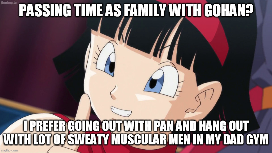 Videl |  PASSING TIME AS FAMILY WITH GOHAN? I PREFER GOING OUT WITH PAN AND HANG OUT WITH LOT OF SWEATY MUSCULAR MEN IN MY DAD GYM | image tagged in videl | made w/ Imgflip meme maker