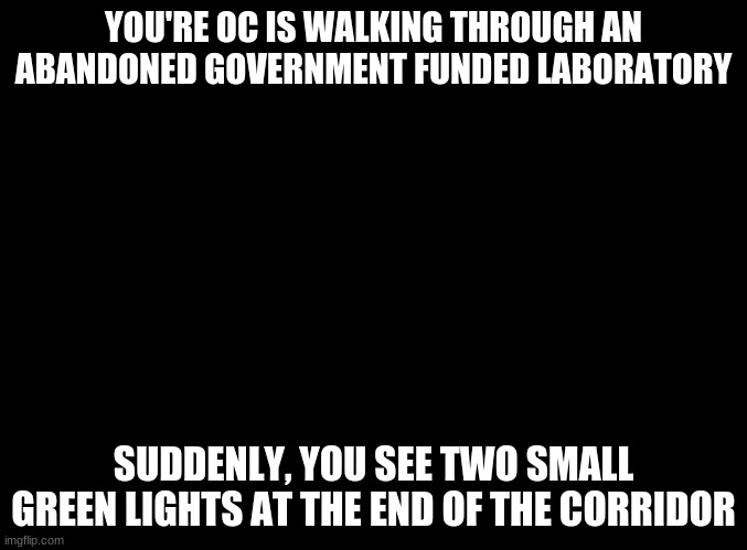 :/ |  YOU'RE OC IS WALKING THROUGH AN ABANDONED GOVERNMENT FUNDED LABORATORY; SUDDENLY, YOU SEE TWO SMALL GREEN LIGHTS AT THE END OF THE CORRIDOR | image tagged in blank black | made w/ Imgflip meme maker