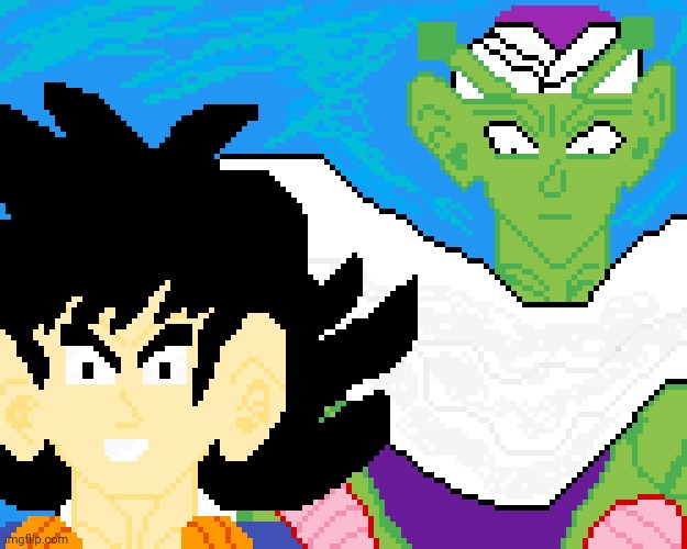 Goku and Piccolo pixel artwork I made | image tagged in dragonball z,artwork,art,drawings,goku,piccolo | made w/ Imgflip meme maker