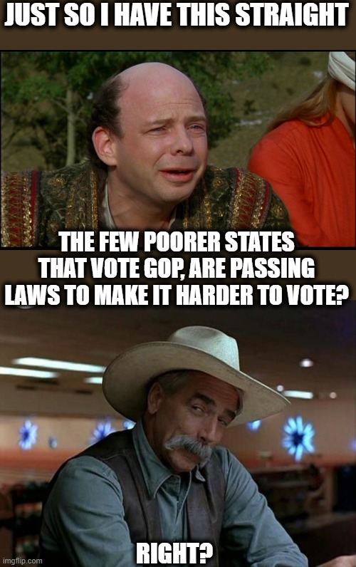 If we have not lost 500,000+ fellow Americans, dems and reps alike, the incompetence would be hilarious. | JUST SO I HAVE THIS STRAIGHT; THE FEW POORER STATES THAT VOTE GOP, ARE PASSING LAWS TO MAKE IT HARDER TO VOTE? RIGHT? | image tagged in princess bride morons,special kind of stupid,politics,gop,voting | made w/ Imgflip meme maker