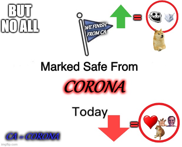Marked Safe From Meme | BUT NO ALL; =; WE FINISH FROM CA; CORONA; =; CA = CORONA | image tagged in memes,marked safe from | made w/ Imgflip meme maker