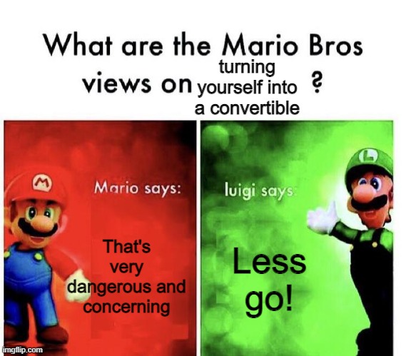 Luigi wants to turn into a convertible | turning yourself into a convertible; That's very dangerous and concerning; Less go! | image tagged in mario bros views,turning into a convertible,less go | made w/ Imgflip meme maker