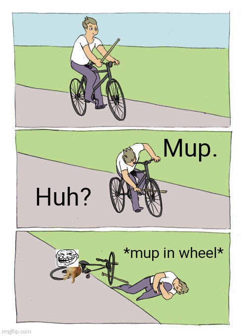 Bike Fall Meme | Mup. Huh? *mup in wheel* | image tagged in memes,bike fall,mup | made w/ Imgflip meme maker